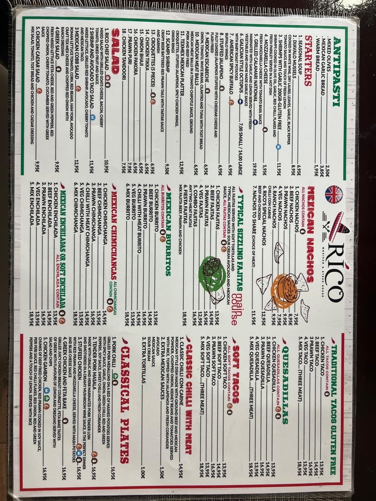 Menú de Rico Mexicano con entrantes y aperitivos