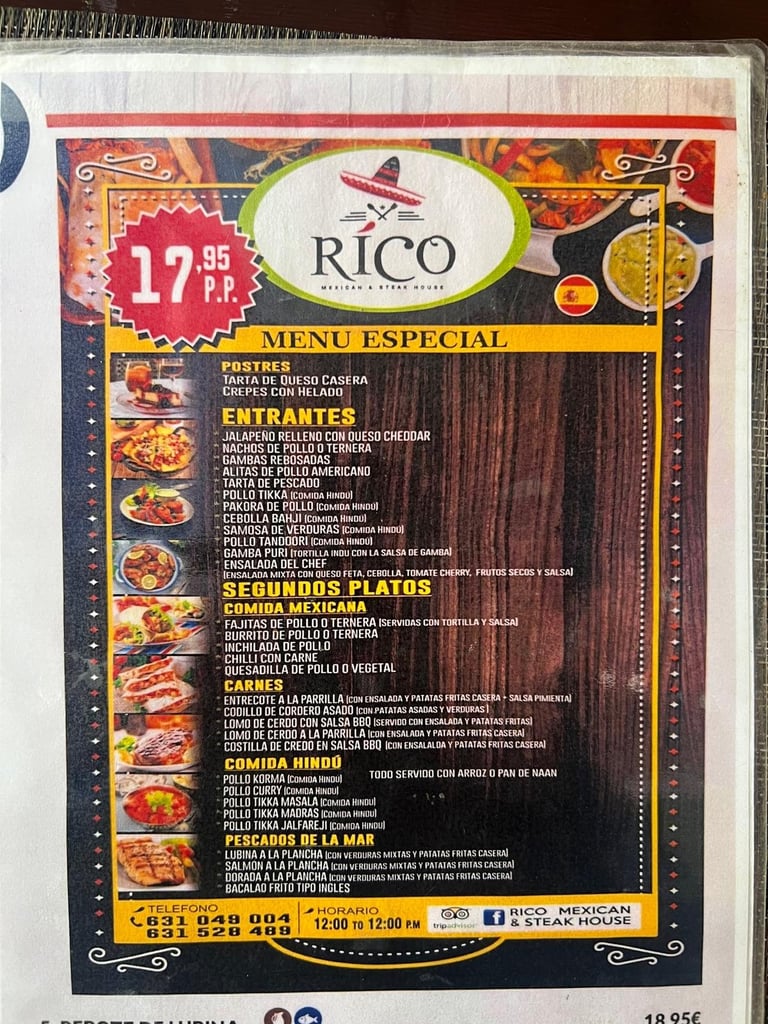 Menú especial del día de Rico Mexicano con precios